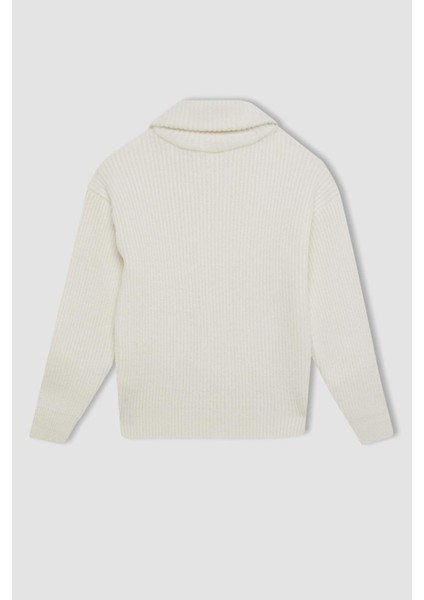 Kız Çocuk Triko Basic Düz Dik Yaka Cepli Fermuarlı Ekru Okul Hırkası C6924A824AU