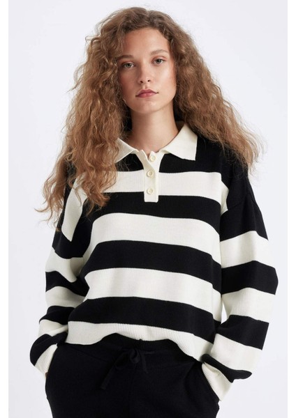 Regular Fit Düğmeli Çizgili Polo Yaka Triko Kazak A2357AX24WN