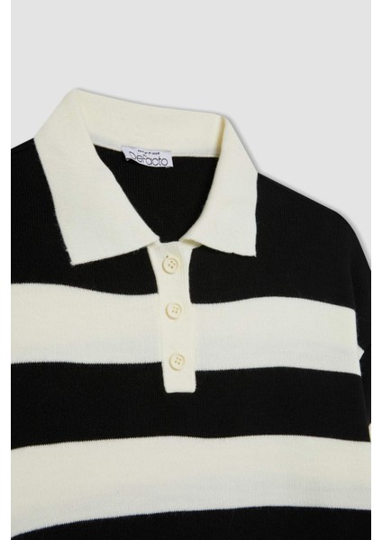 Regular Fit Düğmeli Çizgili Polo Yaka Triko Kazak A2357AX24WN