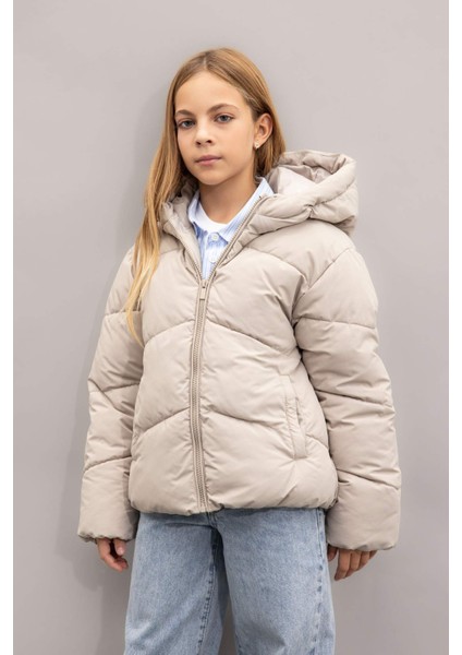 Kız Çocuk Okul Su İtici Rüzgar Geçirmez Kapüşonlu Cepli Fermuarlı Şişme Mont C5389A824AU