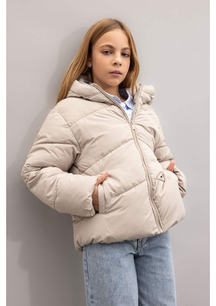 Kız Çocuk Okul Su İtici Rüzgar Geçirmez Kapüşonlu Cepli Fermuarlı Şişme Mont C5389A824AU