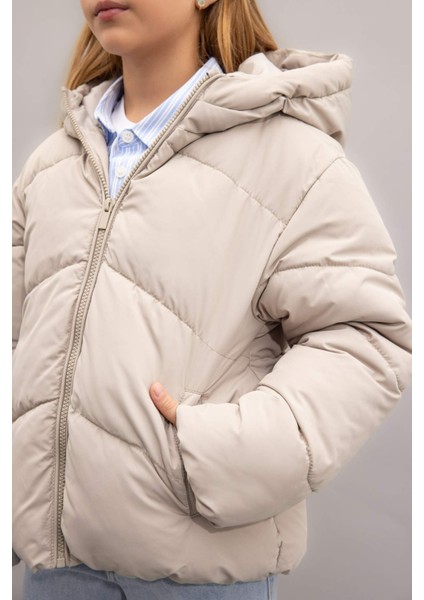 Kız Çocuk Okul Su İtici Rüzgar Geçirmez Kapüşonlu Cepli Fermuarlı Şişme Mont C5389A824AU