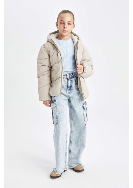 Kız Çocuk Okul Su İtici Rüzgar Geçirmez Kapüşonlu Cepli Fermuarlı Şişme Mont C5389A824AU