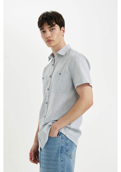 Slim Fit Dar Kesim Yazlık Çizgili Pamuklu Kısa Kollu Gömlek C7361AX24SM
