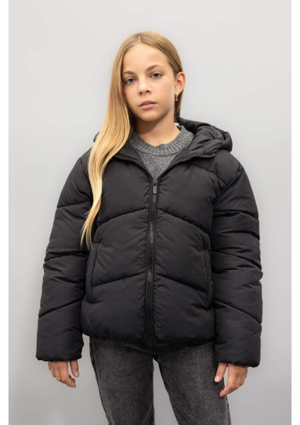 Kız Çocuk Okul Su İtici Rüzgar Geçirmez Kapüşonlu Cepli Fermuarlı Şişme Mont C5389A824AU