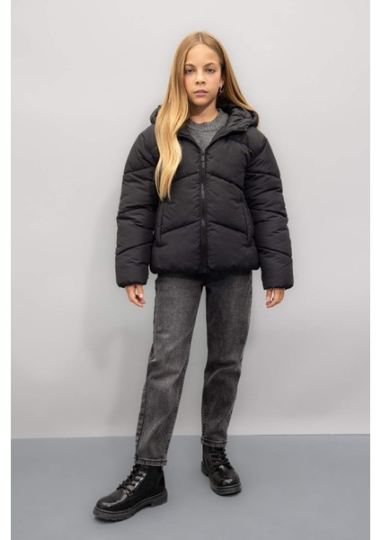 Kız Çocuk Okul Su İtici Rüzgar Geçirmez Kapüşonlu Cepli Fermuarlı Şişme Mont C5389A824AU