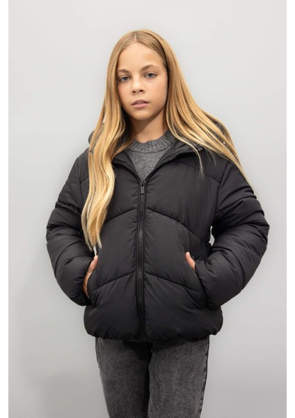 Kız Çocuk Okul Su İtici Rüzgar Geçirmez Kapüşonlu Cepli Fermuarlı Şişme Mont C5389A824AU