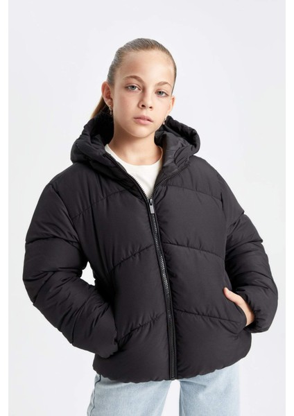 Kız Çocuk Okul Su İtici Rüzgar Geçirmez Kapüşonlu Cepli Fermuarlı Şişme Mont C5389A824AU