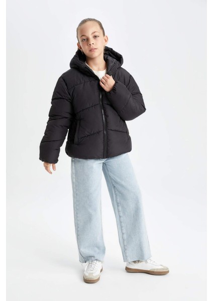 Kız Çocuk Okul Su İtici Rüzgar Geçirmez Kapüşonlu Cepli Fermuarlı Şişme Mont C5389A824AU