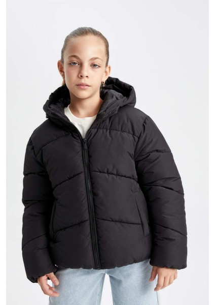 Kız Çocuk Okul Su İtici Rüzgar Geçirmez Kapüşonlu Cepli Fermuarlı Şişme Mont C5389A824AU