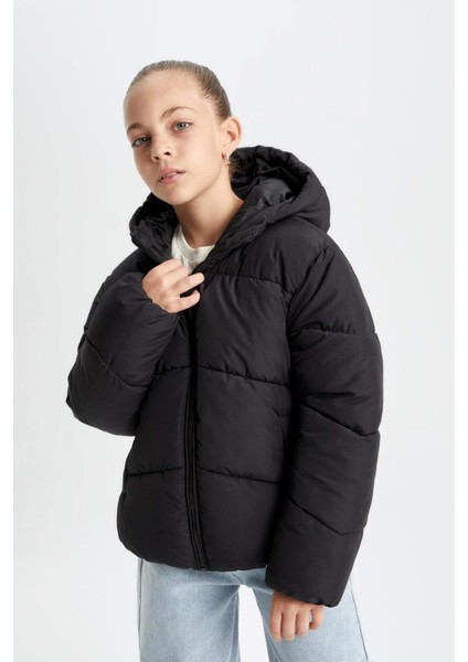 Kız Çocuk Okul Su İtici Rüzgar Geçirmez Kapüşonlu Cepli Fermuarlı Şişme Mont C5389A824AU