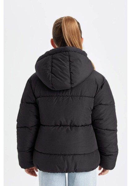 Kız Çocuk Okul Su İtici Rüzgar Geçirmez Kapüşonlu Cepli Fermuarlı Şişme Mont C5389A824AU