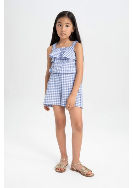 Kız Çocuk 2'li Takım Krinkıl Askılı Kareli Bluz Şort