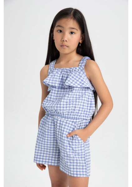 Kız Çocuk 2'li Takım Krinkıl Askılı Kareli Bluz Şort