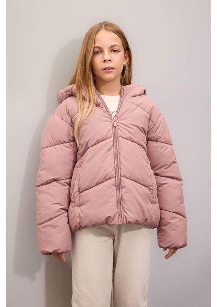 Kız Çocuk Su İtici Rüzgar Geçirmez Kapüşonlu Cepli Fermuarlı Şişme Mont C5389A824AU