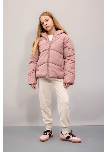 Kız Çocuk Su İtici Rüzgar Geçirmez Kapüşonlu Cepli Fermuarlı Şişme Mont C5389A824AU