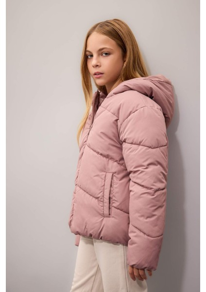 Kız Çocuk Su İtici Rüzgar Geçirmez Kapüşonlu Cepli Fermuarlı Şişme Mont C5389A824AU