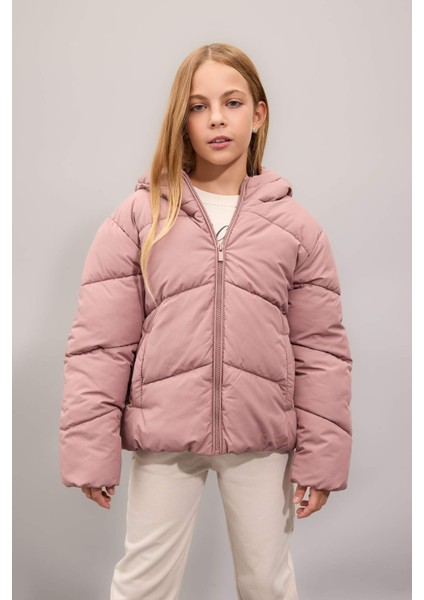 Kız Çocuk Su İtici Rüzgar Geçirmez Kapüşonlu Cepli Fermuarlı Şişme Mont C5389A824AU