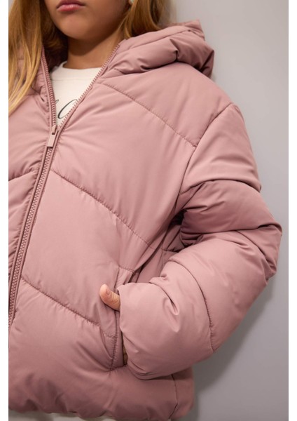 Kız Çocuk Su İtici Rüzgar Geçirmez Kapüşonlu Cepli Fermuarlı Şişme Mont C5389A824AU