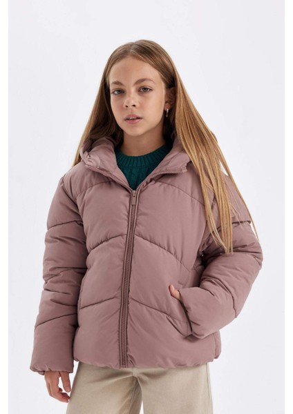 Kız Çocuk Su İtici Rüzgar Geçirmez Kapüşonlu Cepli Fermuarlı Şişme Mont C5389A824AU