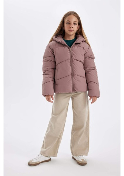 Kız Çocuk Su İtici Rüzgar Geçirmez Kapüşonlu Cepli Fermuarlı Şişme Mont C5389A824AU