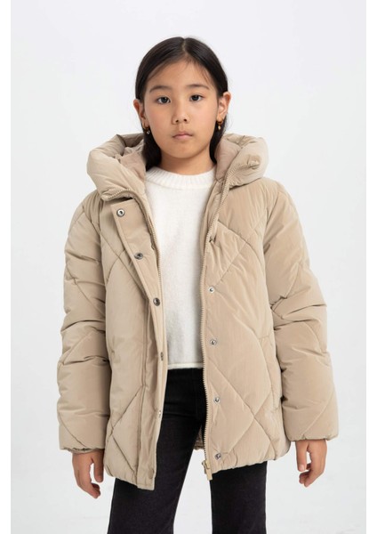 Kız Çocuk Su İtici Kapüşonlu Şişme Mont