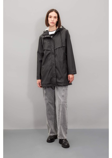 Su Geçirmez Uzun Yağmurluk Polar Astarlı Kapüşonlu Fermuarlı Çıtçıtlı Cepli Mevsimlik Suni Deri A0982AX24WN