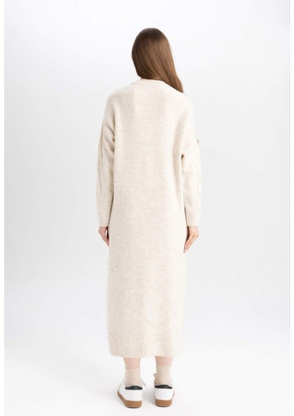 Regular Fit Bisiklet Yaka Saç Örgülü Basic Düz Uzun Kollu Maxi Triko Elbise Y2073AZ24WN