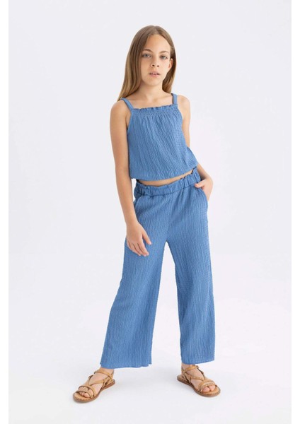 Kız Çocuk Wide Leg Geniş Bol Paça Beli Lastikli Bürümcük Pantolon