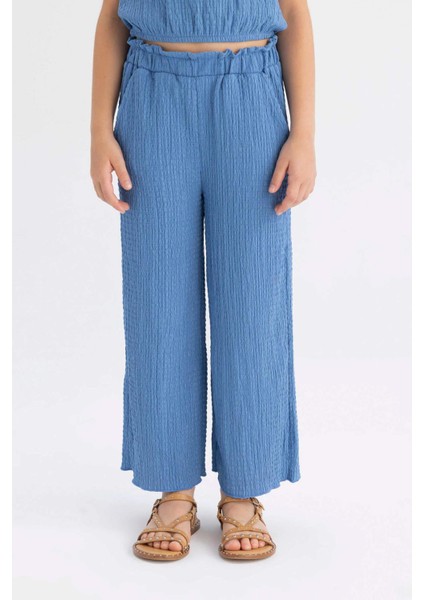 Kız Çocuk Wide Leg Geniş Bol Paça Beli Lastikli Bürümcük Pantolon