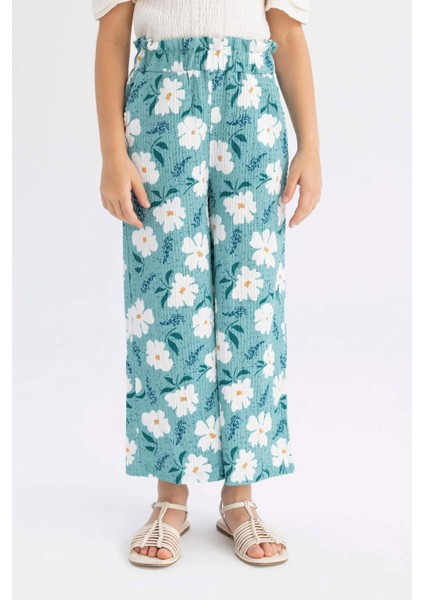 Kız Çocuk Wide Leg Geniş Bol Paça Çiçekli Beli Lastikli Bürümcük Pantolon C5373A824SM