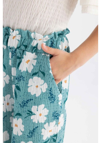 Kız Çocuk Wide Leg Geniş Bol Paça Çiçekli Beli Lastikli Bürümcük Pantolon C5373A824SM