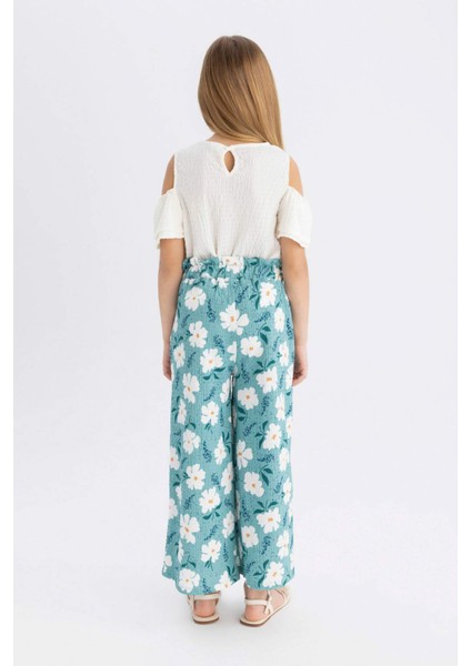 Kız Çocuk Wide Leg Geniş Bol Paça Çiçekli Beli Lastikli Bürümcük Pantolon C5373A824SM