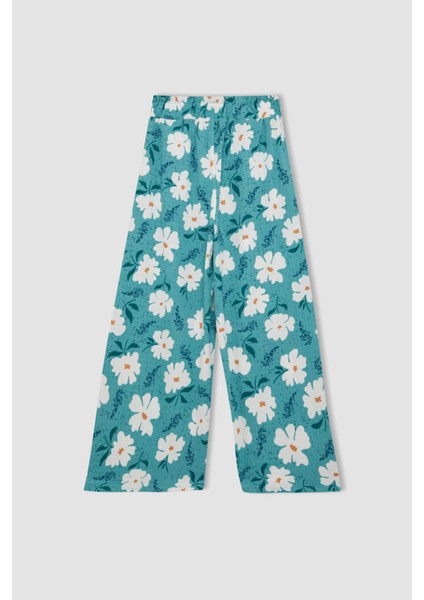 Kız Çocuk Wide Leg Geniş Bol Paça Çiçekli Beli Lastikli Bürümcük Pantolon C5373A824SM