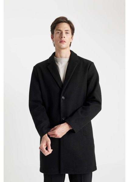 Siyah Relax Fit Düğmeli Cepli Uzun Kaşe Kaban Y8903AZ24AU