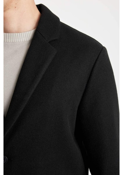 Siyah Relax Fit Düğmeli Cepli Uzun Kaşe Kaban Y8903AZ24AU