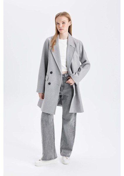 Rüzgar Geçirmez Uzun Kaşe Kaban Oversize Geniş Kalıp Kruvaze Yaka Düğmeli A0922AX24WN