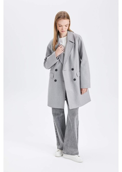 Rüzgar Geçirmez Uzun Kaşe Kaban Oversize Geniş Kalıp Kruvaze Yaka Düğmeli A0922AX24WN