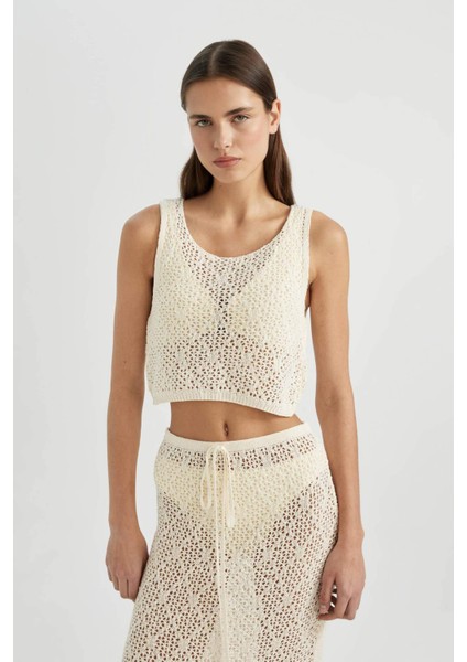 Regular Fit Triko Ajurlu Kolsuz Plaj Üstü-Fall in Love B6887AX24SM