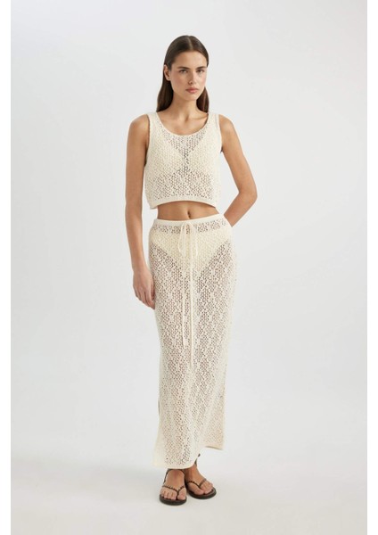 Regular Fit Triko Ajurlu Kolsuz Plaj Üstü-Fall in Love B6887AX24SM