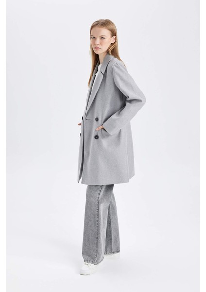 Rüzgar Geçirmez Uzun Kaşe Kaban Oversize Geniş Kalıp Kruvaze Yaka Düğmeli A0922AX24WN