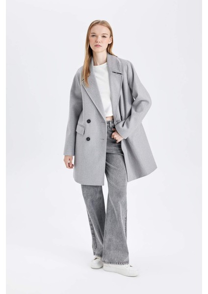 Rüzgar Geçirmez Uzun Kaşe Kaban Oversize Geniş Kalıp Kruvaze Yaka Düğmeli A0922AX24WN