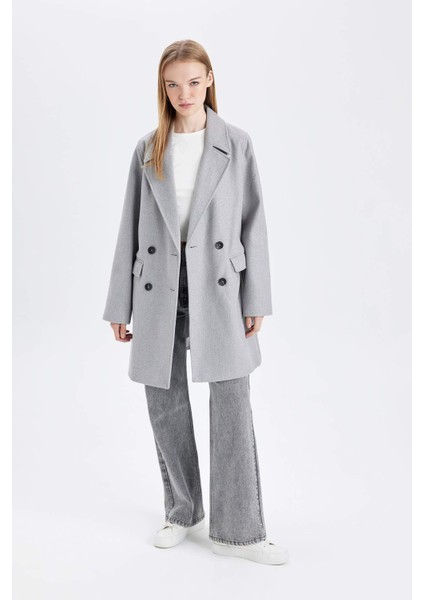 Rüzgar Geçirmez Uzun Kaşe Kaban Oversize Geniş Kalıp Kruvaze Yaka Düğmeli A0922AX24WN