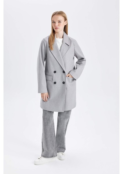 Rüzgar Geçirmez Uzun Kaşe Kaban Oversize Geniş Kalıp Kruvaze Yaka Düğmeli A0922AX24WN