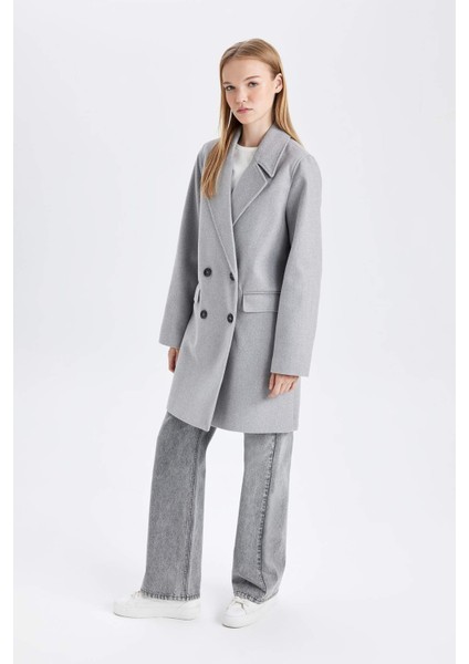 Rüzgar Geçirmez Uzun Kaşe Kaban Oversize Geniş Kalıp Kruvaze Yaka Düğmeli A0922AX24WN