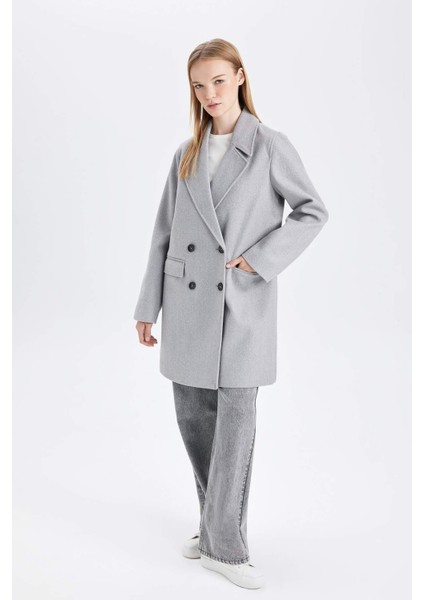 Rüzgar Geçirmez Uzun Kaşe Kaban Oversize Geniş Kalıp Kruvaze Yaka Düğmeli A0922AX24WN