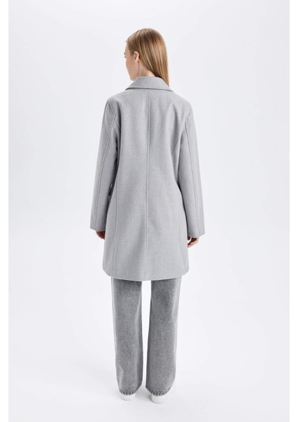 Rüzgar Geçirmez Uzun Kaşe Kaban Oversize Geniş Kalıp Kruvaze Yaka Düğmeli A0922AX24WN