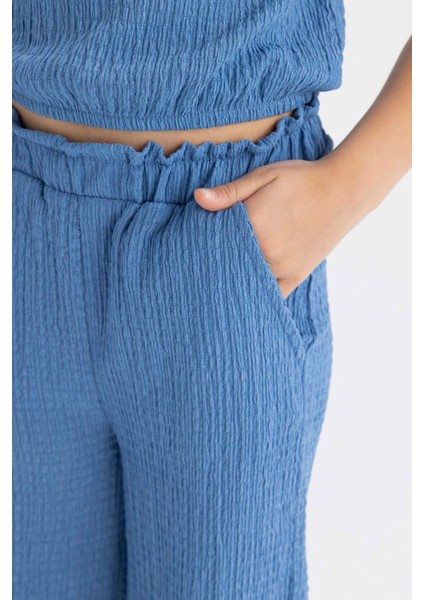 Kız Çocuk Wide Leg Geniş Bol Paça Beli Lastikli Bürümcük Pantolon