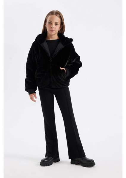 Kız Çocuk Çift Taraflı Fermuarlı Kapüşonlu Pelüş Mont C5493A824WN