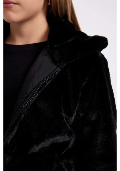 Kız Çocuk Çift Taraflı Fermuarlı Kapüşonlu Pelüş Mont C5493A824WN